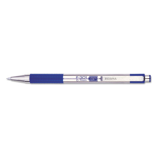 Zebra F-301 Ballpoint Pen, Retractable, Fine 0.7 mm, Blue Ink, Stainless Steel-Blue Barrel 27120