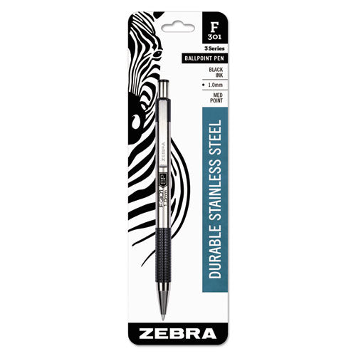 Zebra F-301 Ballpoint Pen, Retractable, Medium 1 mm, Black Ink, Stainless Steel-Black Barrel 27211