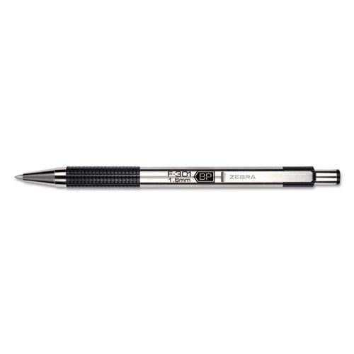 Zebra F-301 Ballpoint Pen, Retractable, Bold 1.6 mm, Black Ink, Stainless Steel-Black Barrel, Dozen 27310