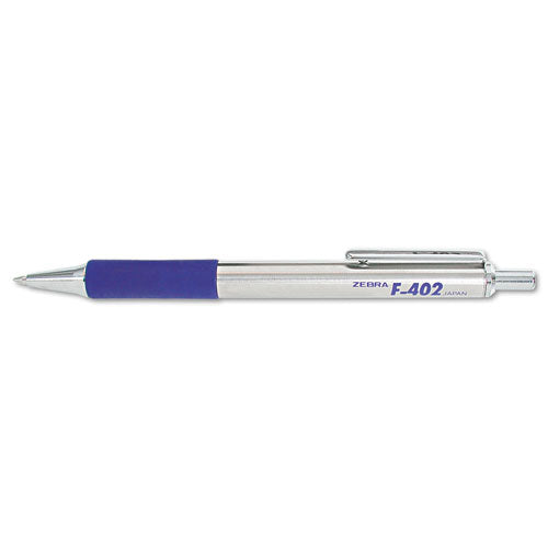 Zebra F-402 Ballpoint Pen, Retractable, Fine 0.7 mm, Blue Ink, Stainless Steel-Blue Barrel 29220