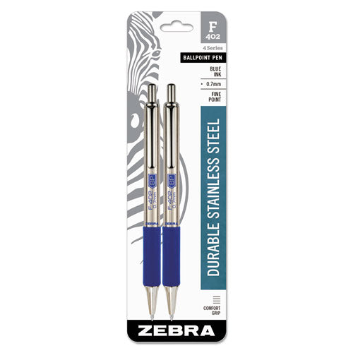 Zebra F-402 Ballpoint Pen, Retractable, Fine 0.7 mm, Blue Ink, Stainless Steel-Blue Barrel, 2-Pack 29222