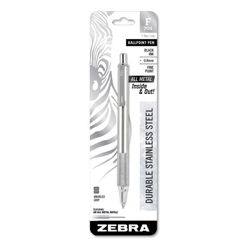 Zebra F-701 Ballpoint Pen, Retractable, Fine 0.7 mm, Black Ink, Stainless Steel-Black Barrel 29411