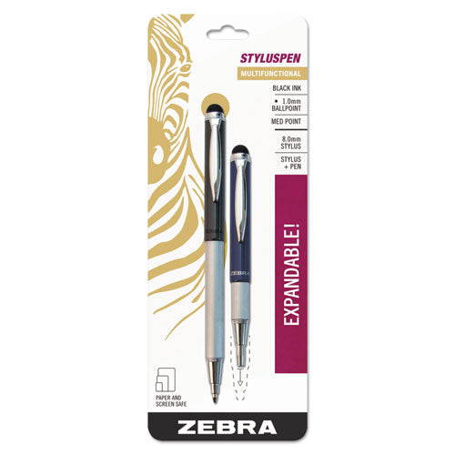 Zebra StylusPen Telescopic Ballpoint Pen-Stylus, Retractable, Medium 1 mm, Black Ink, Blue-Gray Barrel, Pair 33602