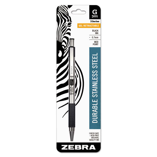 Zebra G-301 Gel Pen, Retractable, Medium 0.7 mm, Black Ink, Stainless Steel-Black Barrel 41311