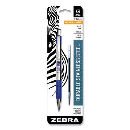 Zebra G-301 Gel Pen, Retractable, Medium 0.7 mm, Blue Ink, Stainless Steel-Blue Barrel 41321