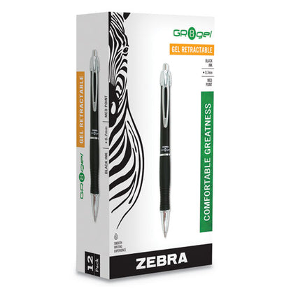 Zebra GR8 Gel Pen, Retractable, Medium 0.7 mm, Black Ink, Black-Silver Barrel, Dozen 42610