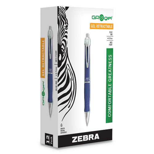 Zebra GR8 Gel Pen, Retractable, Medium 0.7 mm, Blue Ink, Blue-Silver Barrel, Dozen 42620