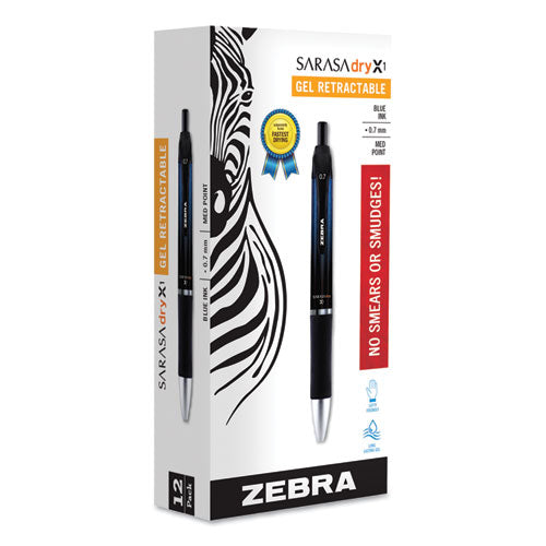Zebra Sarasa Dry Gel X1 Gel Pen, Retractable, Medium 0.7 mm, Blue Ink, Blue Barrel, Dozen 45620
