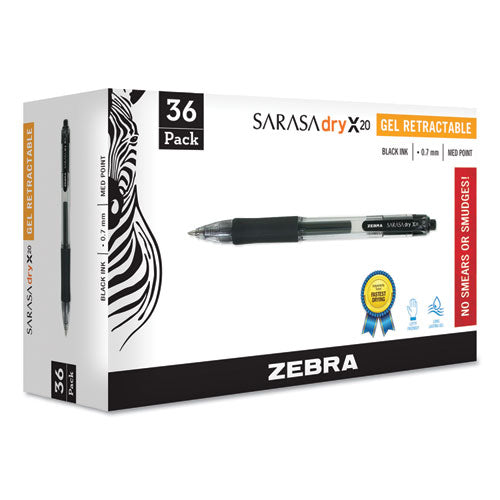 Zebra Sarasa Dry Gel X20 Gel Pen, Retractable, Medium 0.7 mm, Black Ink, Smoke Barrel, 36-Pack 46136