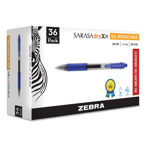 Zebra Sarasa Dry Gel X20 Gel Pen, Retractable, Medium 0.7 mm, Blue Ink, Translucent Blue Barrel, 36-Pack 46236