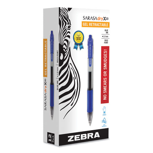 Zebra Sarasa Dry Gel X20 Gel Pen, Retractable, Bold 1 mm, Blue Ink, Translucent Blue Barrel, Dozen 46620
