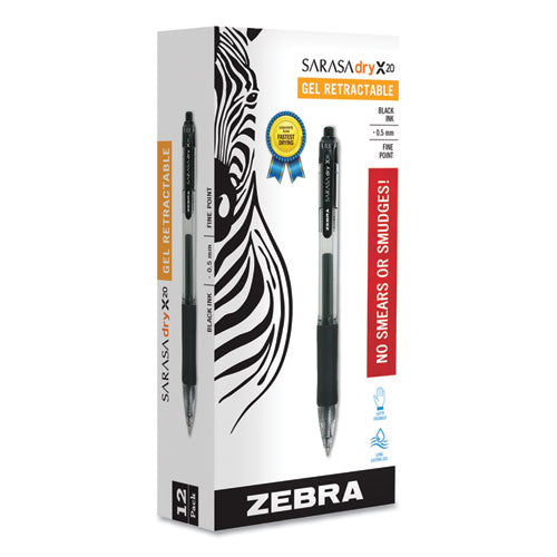 Zebra Sarasa Dry Gel X20 Gel Pen, Retractable, Fine 0.5 mm, Black Ink, Smoke Barrel, Dozen 46710