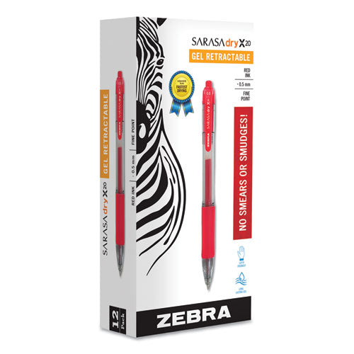 Zebra Sarasa Dry Gel X20 Gel Pen, Retractable, Fine 0.5 mm, Red Ink, Translucent Red Barrel, Dozen 46730
