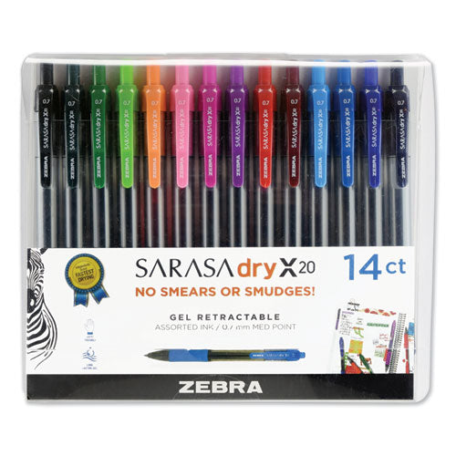 Zebra Sarasa Dry Gel X20 Gel Pen, Retractable, Medium 0.7 mm, Assorted Ink and Barrel Colors, 14-Pack 46824