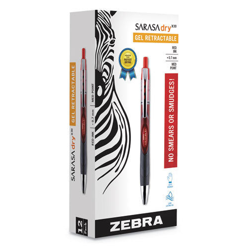 Zebra Sarasa Dry Gel X30 Gel Pen, Retractable, Medium 0.7 mm, Red Ink, Red Barrel, Dozen 47130