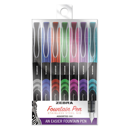 Zebra Fountain Pen, Fine 0.6 mm, Assorted Ink Colors, Assorted, 7-Pack 48307