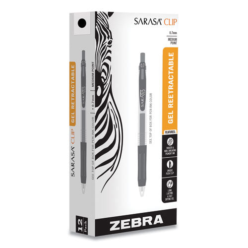 Zebra Sarasa Clip Gel Pen, Retractable, Medium 0.7 mm, Black Ink, Clear Barrel, Dozen 48710