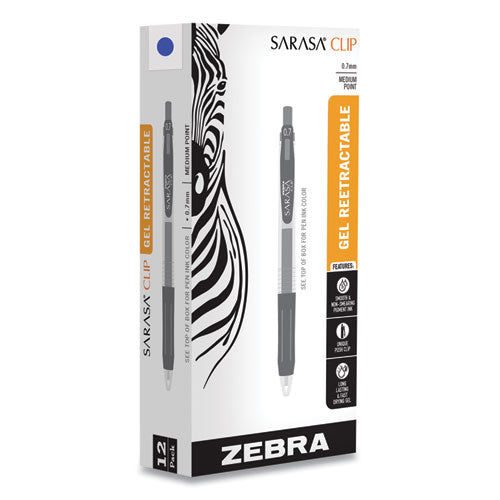 Zebra Sarasa Clip Gel Pen, Retractable, Medium 0.7 mm, Blue Ink, Clear Barrel, Dozen 48720