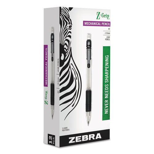 Zebra Z-Grip Mechanical Pencil, 0.5 mm, HB (#2.5), Black Lead, Clear-Black Grip Barrel, Dozen 52310