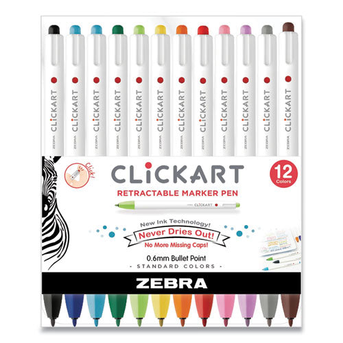 Zebra ClickArt Porous Point Pen, Retractable, Fine 0.6 mm, Assorted Ink Colors, White Barrel, 12-Pack 69012
