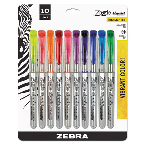 Zebra Zazzle Liquid Ink Highlighter, Assorted Ink Colors, Chisel Tip, Assorted Barrel Colors, 10-Set 71111
