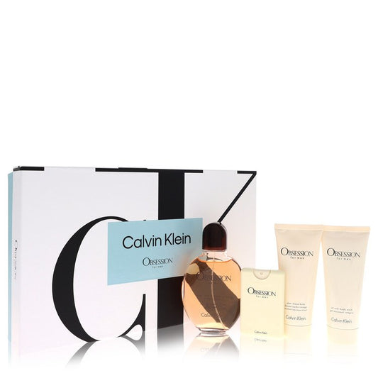 Obsession by Calvin Klein Gift Set -- 4.2 oz Eau De Toilette Spray + 0.67 oz Mini EDT Spray + 3.4 oz After Shave Balm + 3.4 oz Body Wash for Men