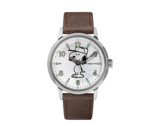 Timex Welton X Peanuts Snoopy 40mm Leather Strap Silver/Brown Watch TW2R94900VQ