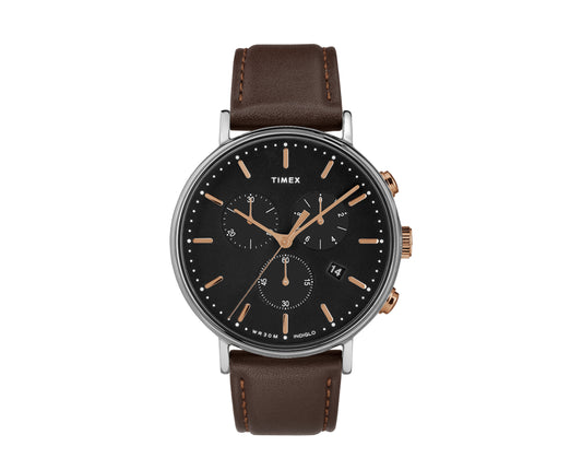 Timex Fairfield Chrono 41mm Leather Strap Silver/Brown/Black Watch TW2T11500VQ