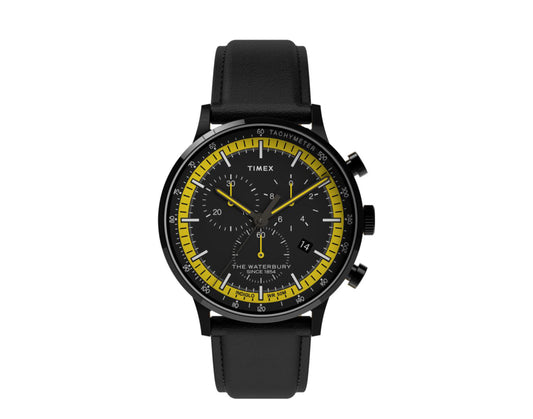 Timex Waterbury Classic Chrono 40mm Leather Strap Black/Yellow Watch TW2U04800VQ