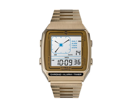 Timex Q Reissue Digital LCA 32.5mm Steel Bracelet Gold Watch TW2U72500ZV