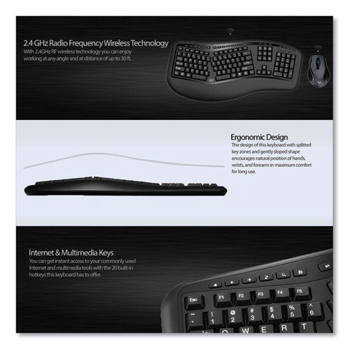 Adesso WKB1500GB Wireless Ergonomic Keyboard and Mouse, 2.4 GHz Frequency-30 ft Wireless Range, Black WKB1500GB - Becauze