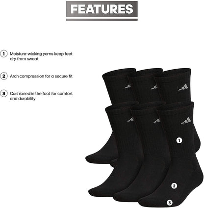 Adidas Athletic Cushioned Black/Aluminum 2 Men's Crew Socks (6 Pair) - Becauze