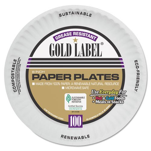 AJM Packaging Corporation Coated Paper Plates, 6" dia, White, 100-Pack, 12 Packs-Carton CP6OAWH - Becauze
