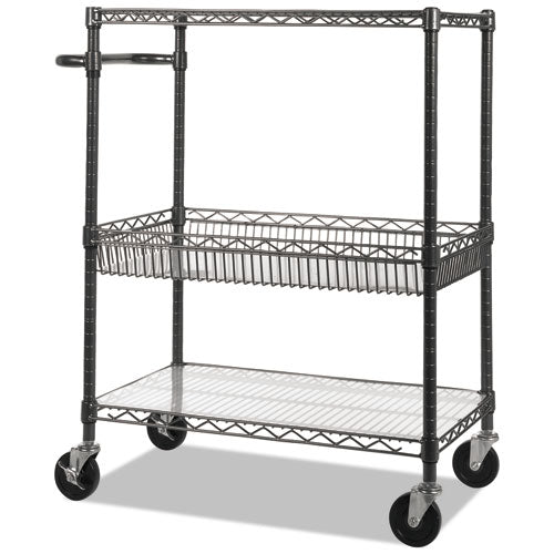 Alera Three-Tier Wire Cart with Basket, 34w x 18d x 40h, Black Anthracite ALESW543018BA - Becauze