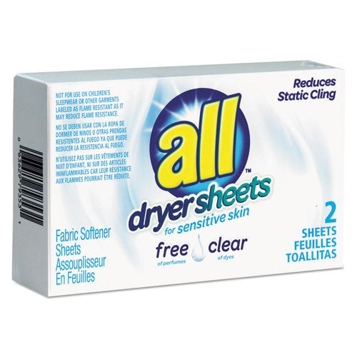 All Free Clear Vend Pack Dryer Sheets, Fragrance Free, 2 Sheets-Box, 100 Box-Carton R1-2979353 - Becauze