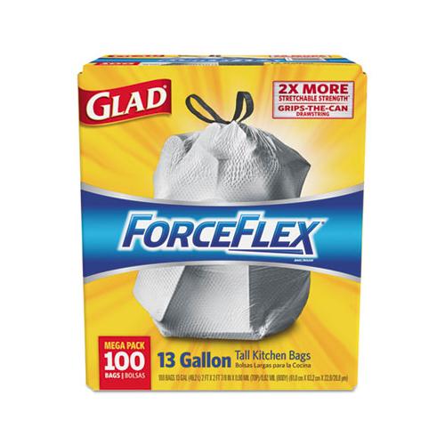 Glad ForceFlexPlus Tall Kitchen Drawstring Trash Bags 13 Gallon (100 Bags) 70427