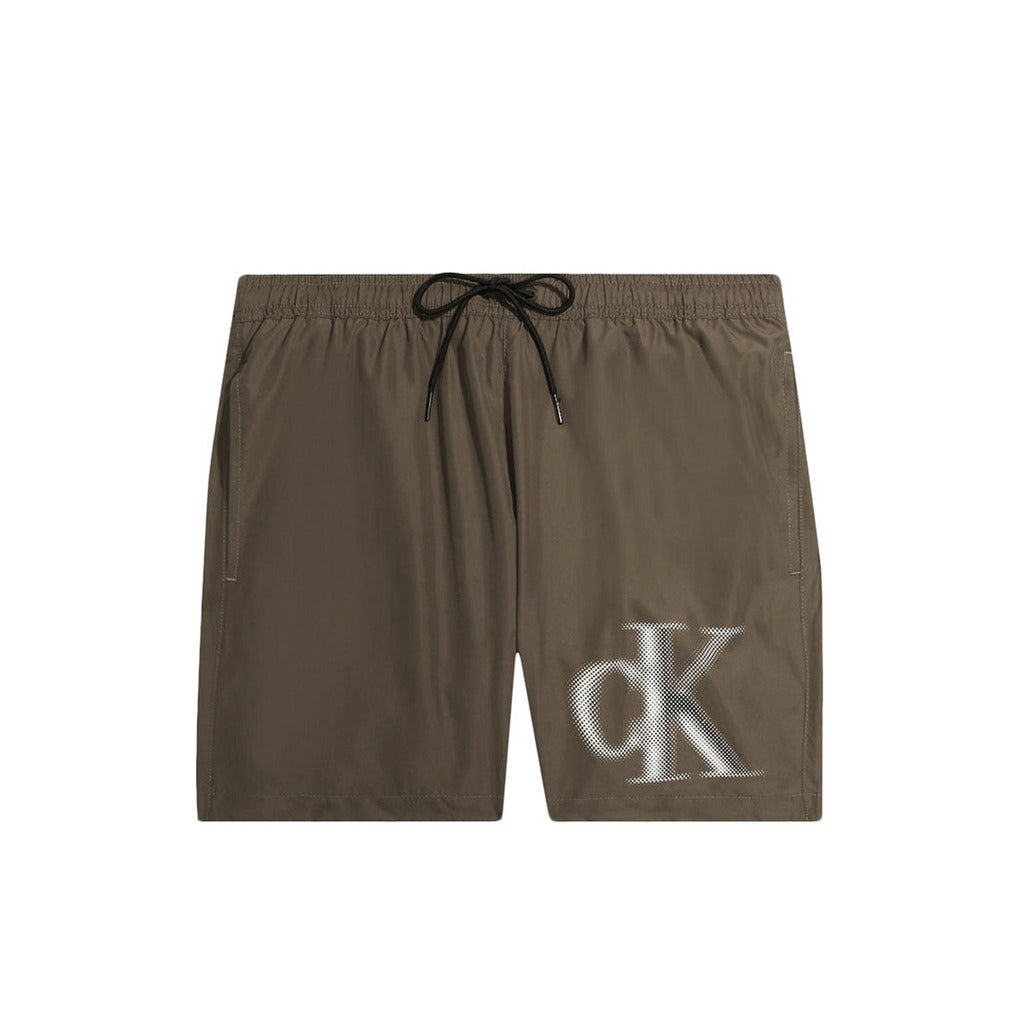 Calvin Klein Medium Drawstring CK Monogram Brown Olive Men's Swim Shorts KM0KM00800GXH