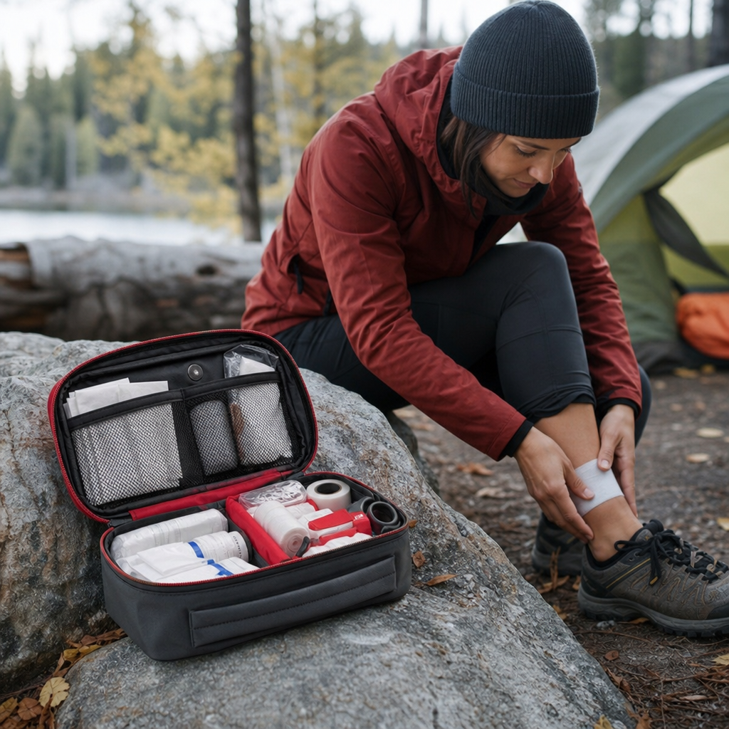 Editorial illustration of camping first aid kit