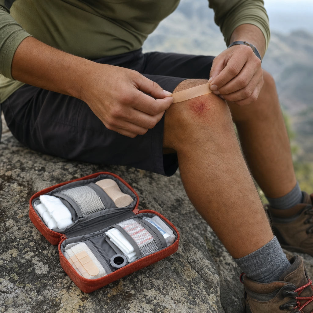 Editorial illustration of compact first aid kit