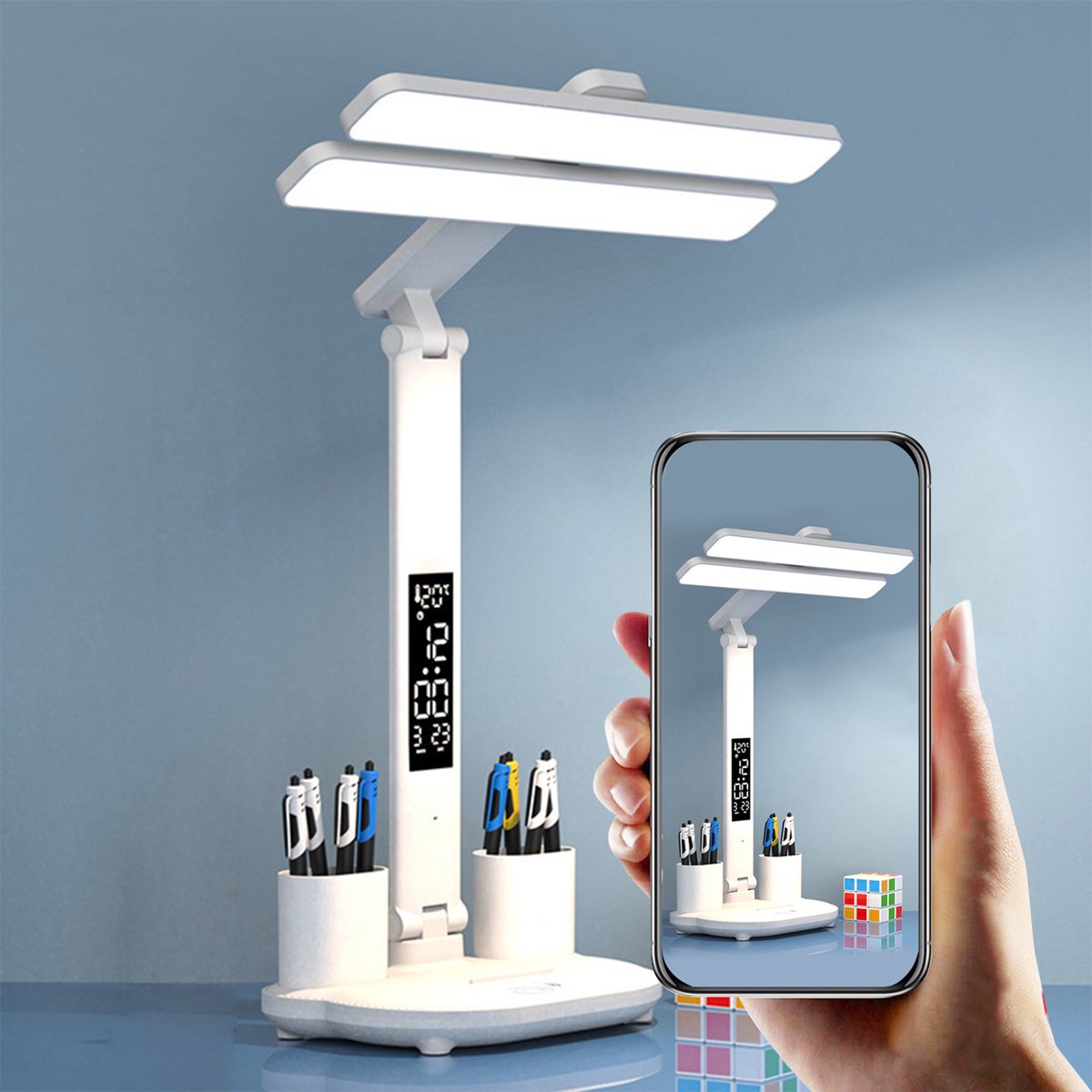 Desk Lamp LED Desk Lamps with Fans,USB Charging Port, Adjustable Foldable Table Lamp with Clock,Date, Fan,Pen Holder,Temperature,Step-Less Dimming,Eye Caring Reading Light for Study Home Office