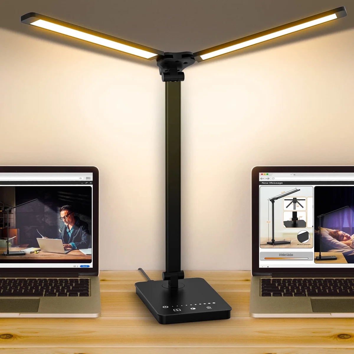 LED Desk Lamp with USB Charging Port, Dimmable 50 Lighting Modes Adjustable Foldable Dual Swing Arm Architect Energy-Efficient Task Lamp For Home Office-Black