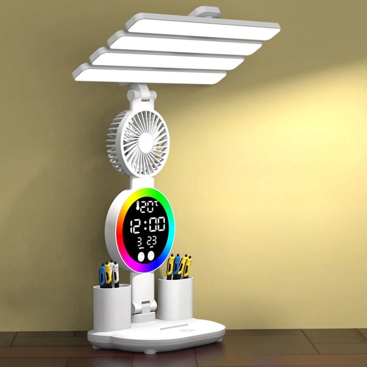 LED Desk Lamp with Fan, Desk Lamp for College Dorm, Dimmable Colorful Led Lights, USB Charging Port, Adjustable Folding with Clock Date, Pen Holder, Temperature, Home Office