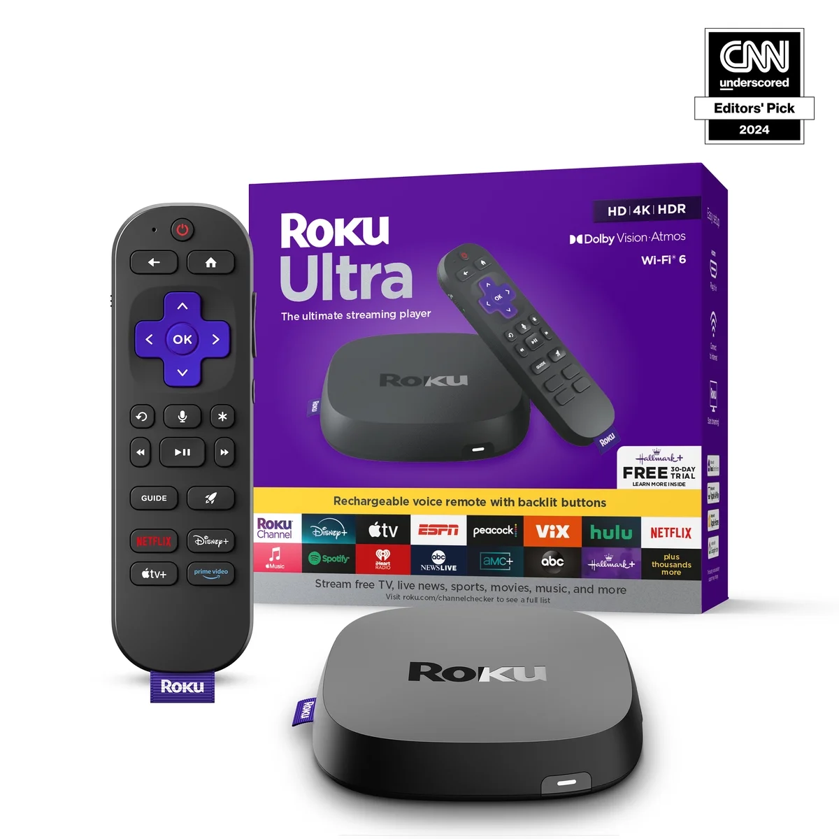 Roku Ultra | 4K/HDR10+/Dolby Vision & Atmos Streaming Device - Rechargeable Backlit Voice Remote Free & Live TV