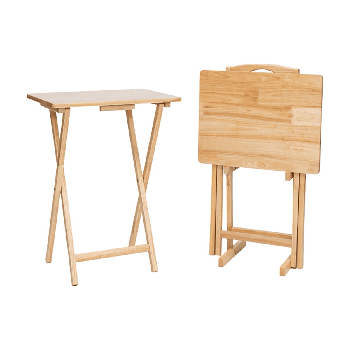 Mainstays TV Tray Table Set, 3-Piece with 2 Folding Rubberwood Trays and Storage Rack, Natural