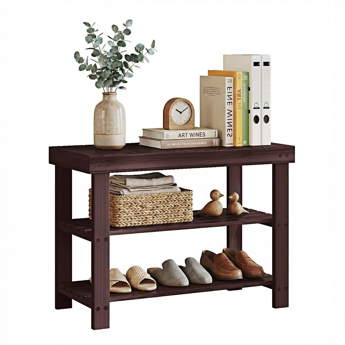 EDX 3 Tier Bamboo Shoe Rack Bench, 11.3'' x 19.7'' x 18'' Storage Seat Organizer with 286lb Capacity for Entryway, Bedroom and Living Room, Brown