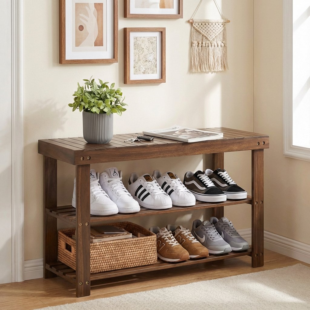LEDREM 3-Tier Bamboo Shoe Rack Bench with Storage Shelf , 286lb Capacity Entryway Organizer for Hallway , Bedroom , Bathroom ,Yellow Brown