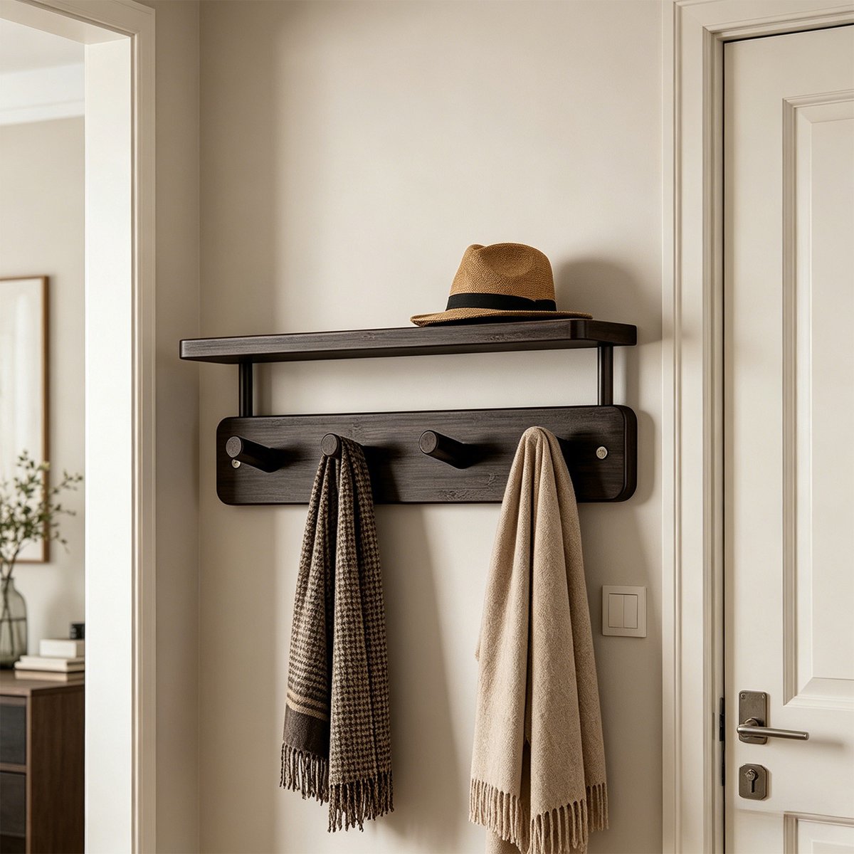 Wall Mounted Coat Rack with Shelf 4 Hook Wood Organizer for Entryway Bathroom Kitchen Bedroom, Black