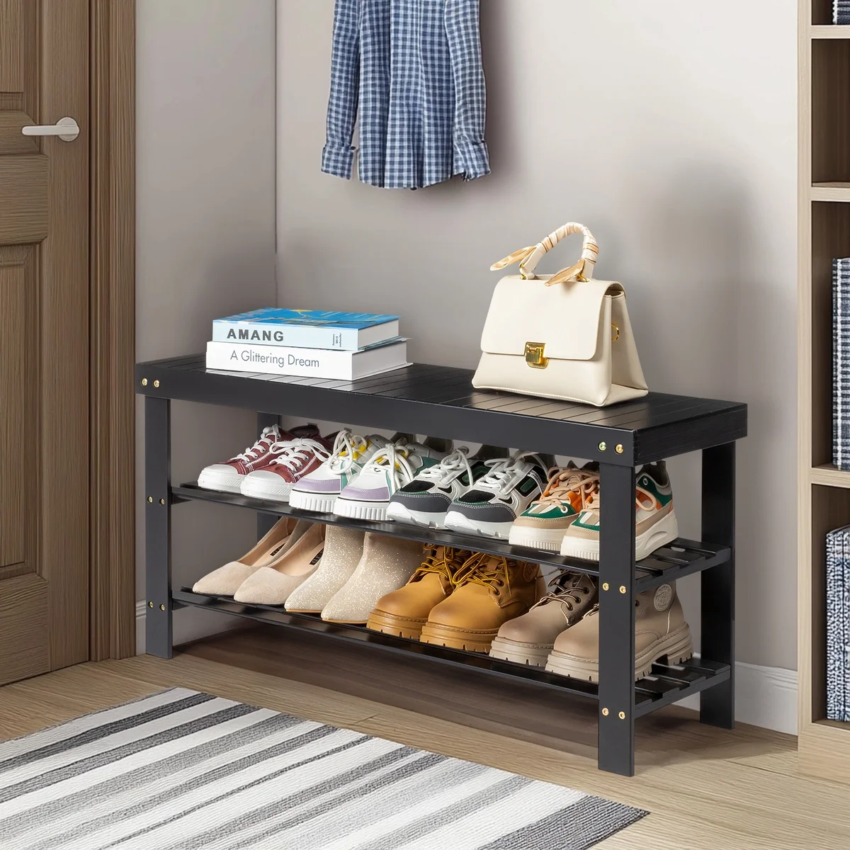 Zimtown 3 Tier Solid Bamboo Shoe Rack Bench, 11.02'' x 35.43'' x 17.72'' Storage Seat Organizer for Entryway Hallway, Black