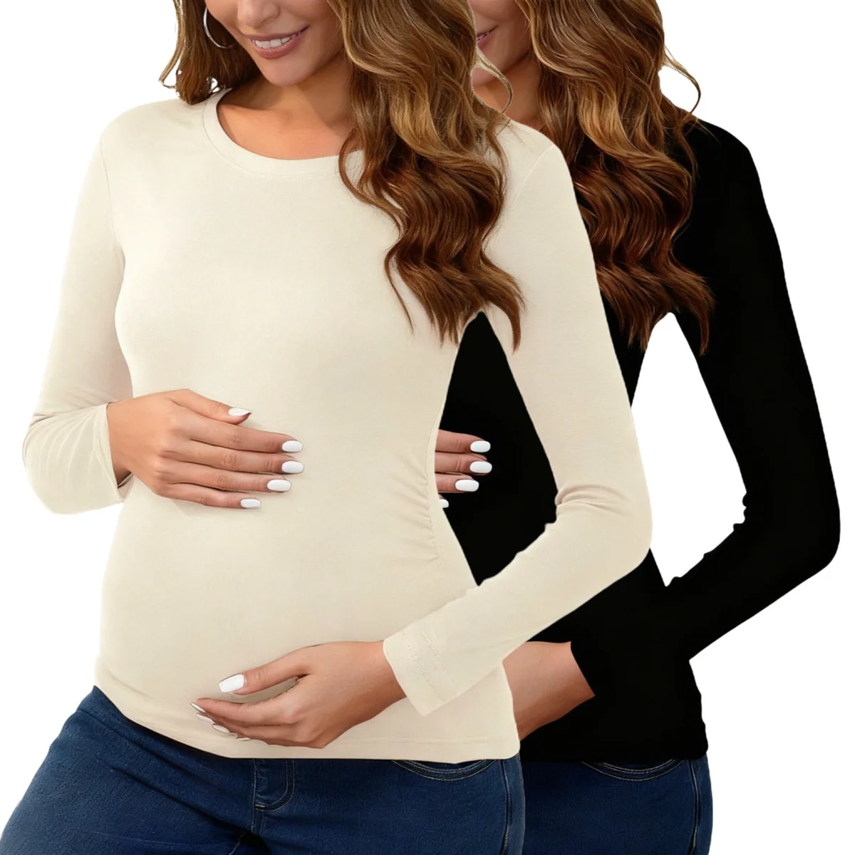 2 Pack Women's Maternity Shirts, Pregnancy Long Sleeve Shirts Knitted Cotton Crewneck Tees Pregnant Tees Mama Loose Fit Outfits Pregnancy Base Layer Stretchy Maternity Daily Wear