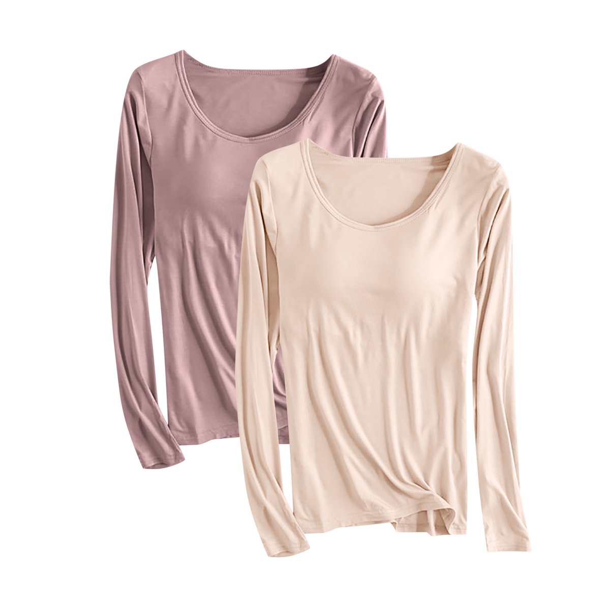 Women's Casual Cotton Shirts 2 Pack Slim Basic Tops Retro Crew Neck Sweatshirts Outwear Fashion Solid Color Padded Pullover Long Sleeve Tees Fall Winter Beige XXL